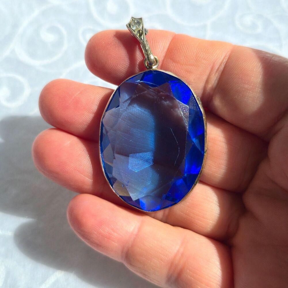 Art Deco Czechoslovakia Large Oval Faceted Cobalt Blue Glass Pendant Vintage